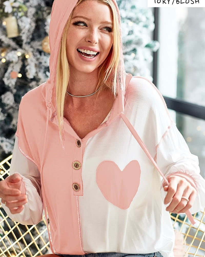 Pink & White Color Block Soft Hoodie Long Sleeve Pullover Heart Patch T-shirt Top