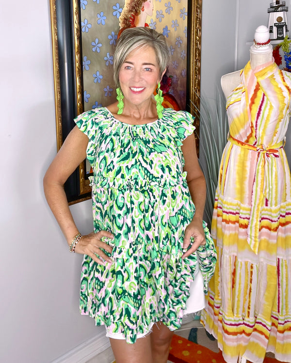 Green & White Tier Ruffle Tunic Top/Dress with Ruffle Cap Sleeves and Pockets