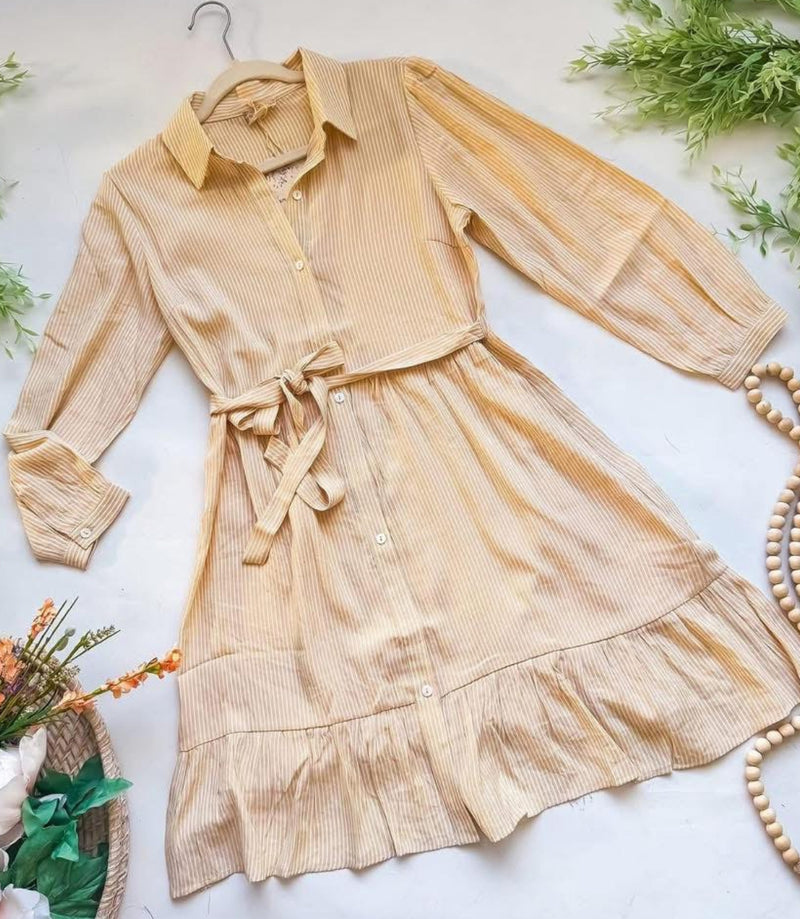 Khaki White Stripe Tie Waist Button Down 3/4 Sleeve Collared Dress