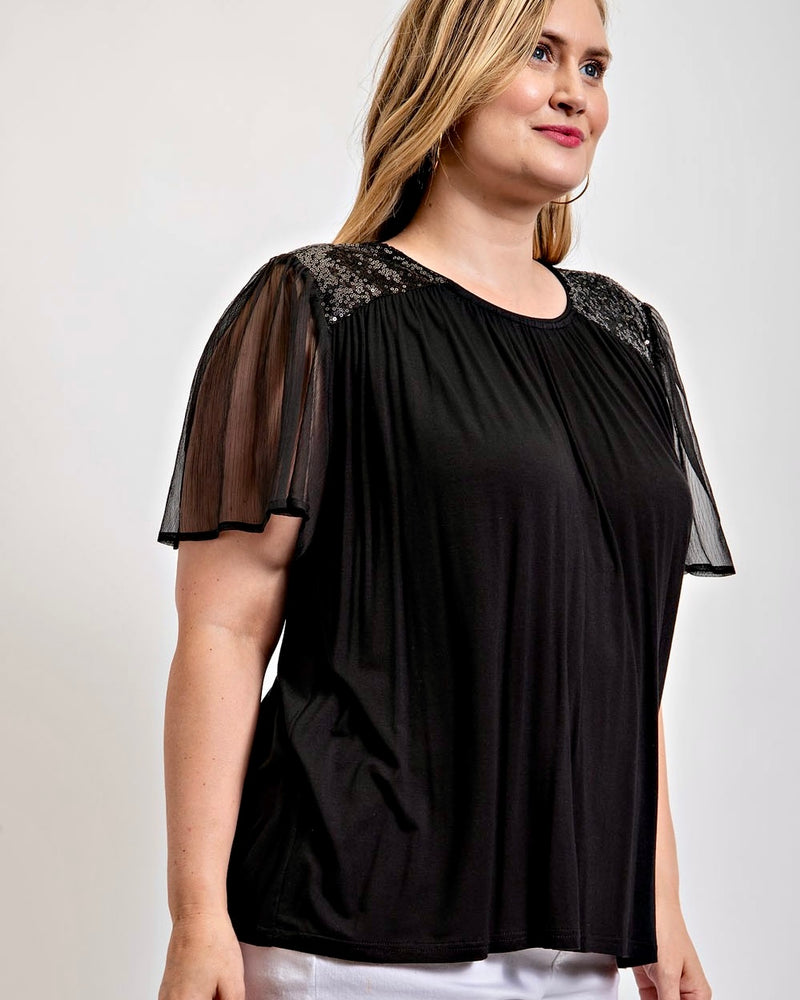 Black Sequin Contrast Shirring Detail Sheer Flutter Flare Short Sleeve Top