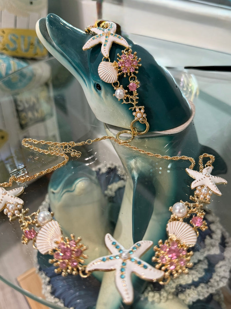Beach Themed Rhinestone Starfish Faux Pearl Necklace and Bracelet Sets