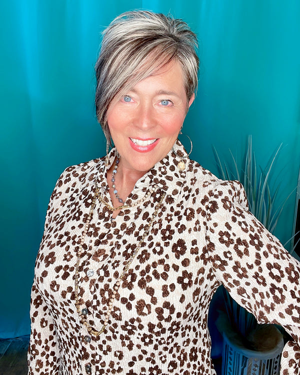 2 pc Brown Leopard Floral Crinkle Textured Print High Waist Wide Leg Pant & Button Down Blouse Set