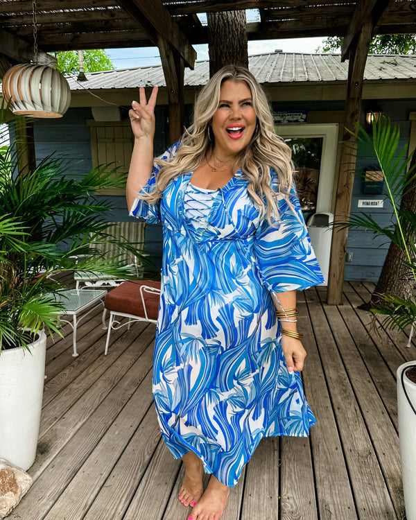 Royal Blue & White Tropical Print Full Flare Sleeve Maxi Cover Up Dress