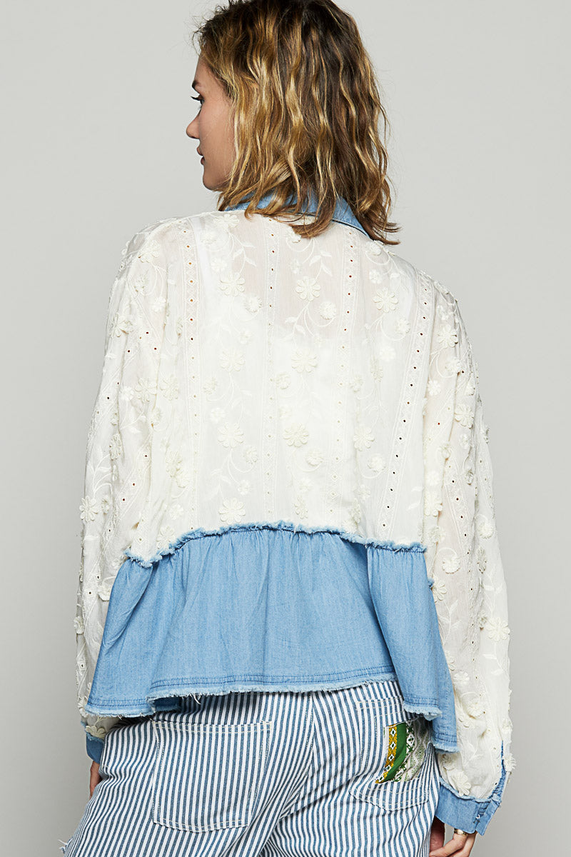 Light Denim & Lace Long Sleeve Collar Button Down Shirt Jacket