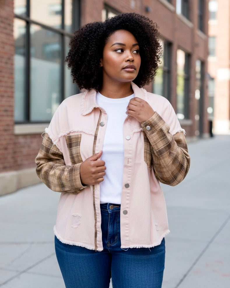 Light Pink Soft Denim Plaid Long Sleeve Button Front Frayed Jacket