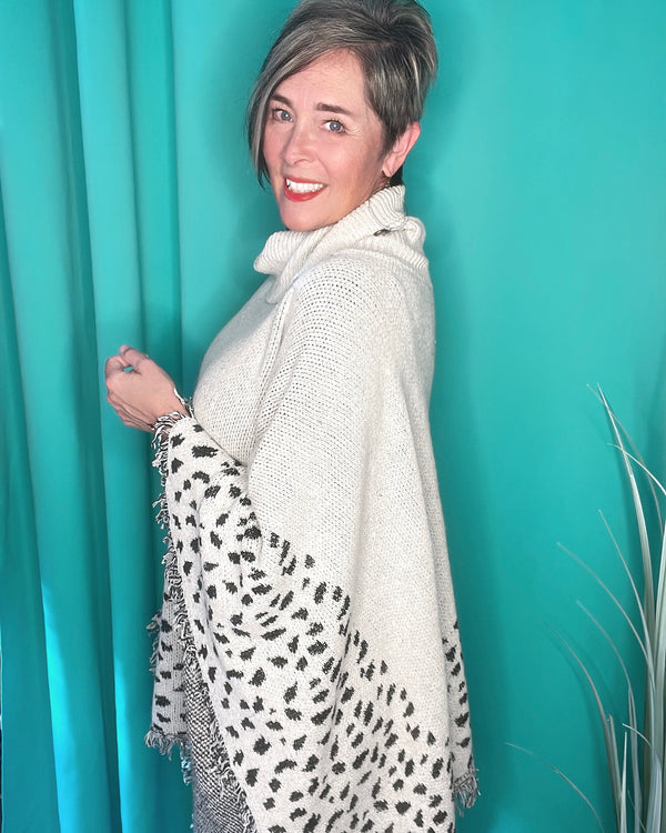 Cream & Black Leopard Animal Print Poncho Shawl Turtleneck Sweater