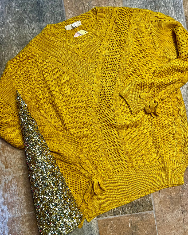 Yellow Long Sleeve Lightweight Textured Tie Front Sweater Top