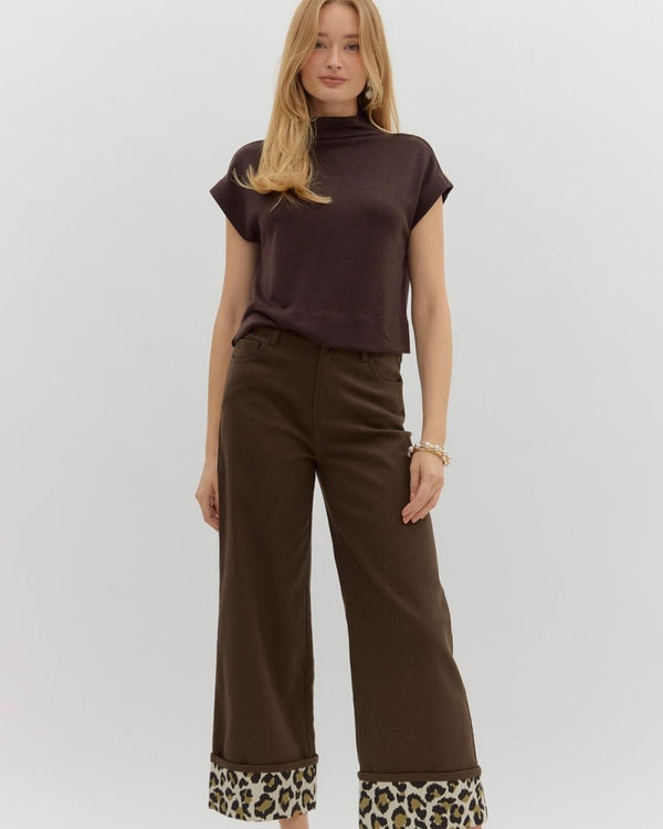 Brown or Khaki Leopard Cuff High Waist Button Fly Wide Leg Pants
