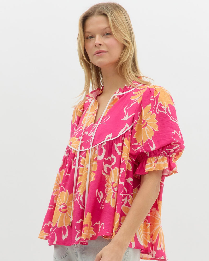 Pink Bold Floral Print Ruffe Neck Puff Short Sleeve Top