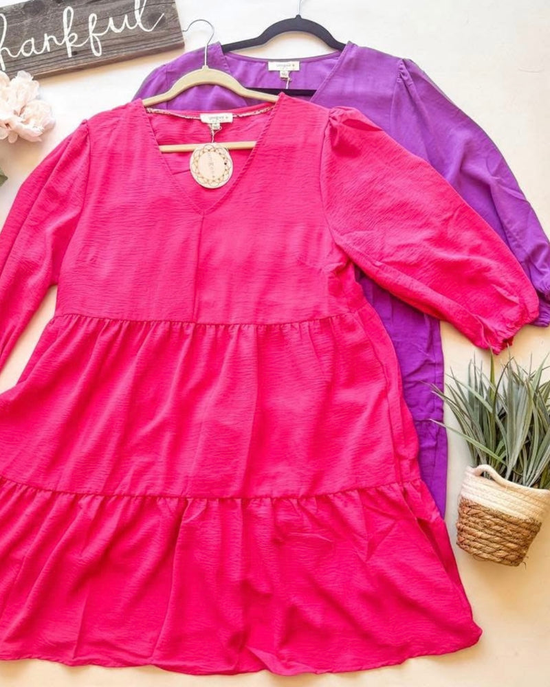 Plus Size Purple VNeck Tiered 3/4 Sleeve Dress