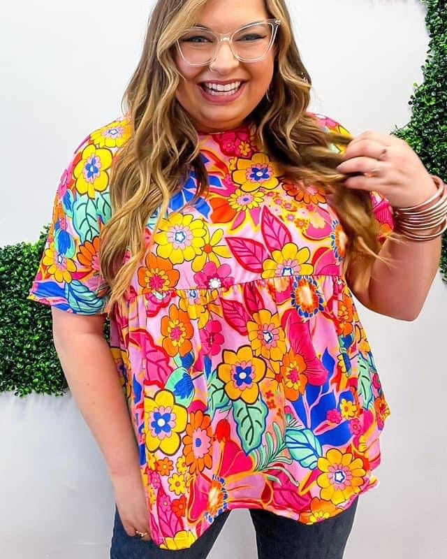 Plus Size Bright Pink & Yellow Floral Babydoll T-Shirt Short Sleeve Top