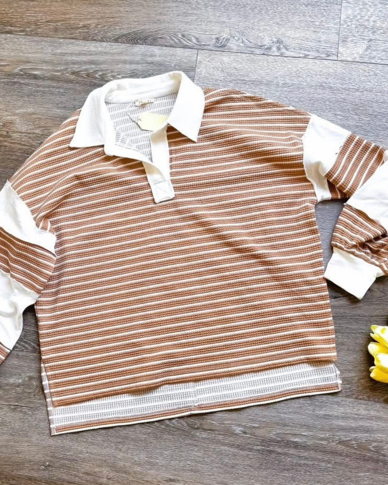 Contrasting Stripe Cut Raw Edge Block Long Sleeve Open Neck Pullover Collared Pullover Top