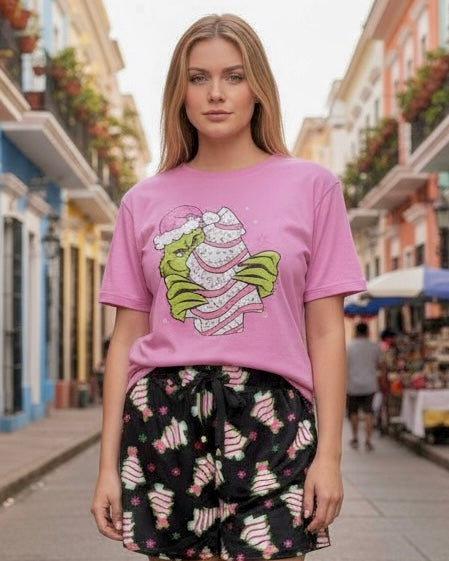 Pink Mean Man Mr. Gr*nch with Christmas Treat Short Sleeve Tshirt Top