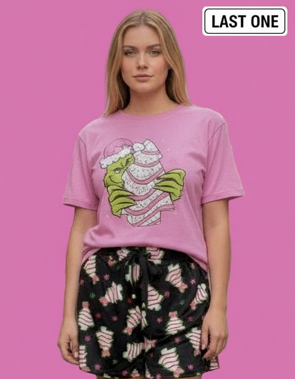 Pink Mean Man Mr. Gr*nch with Christmas Treat Short Sleeve Tshirt Top