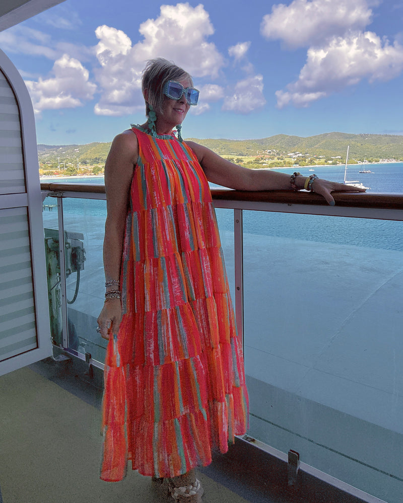 Pink, Orange & Teal Multicolor Halter Sleeveless Watercolor Midi Sundress