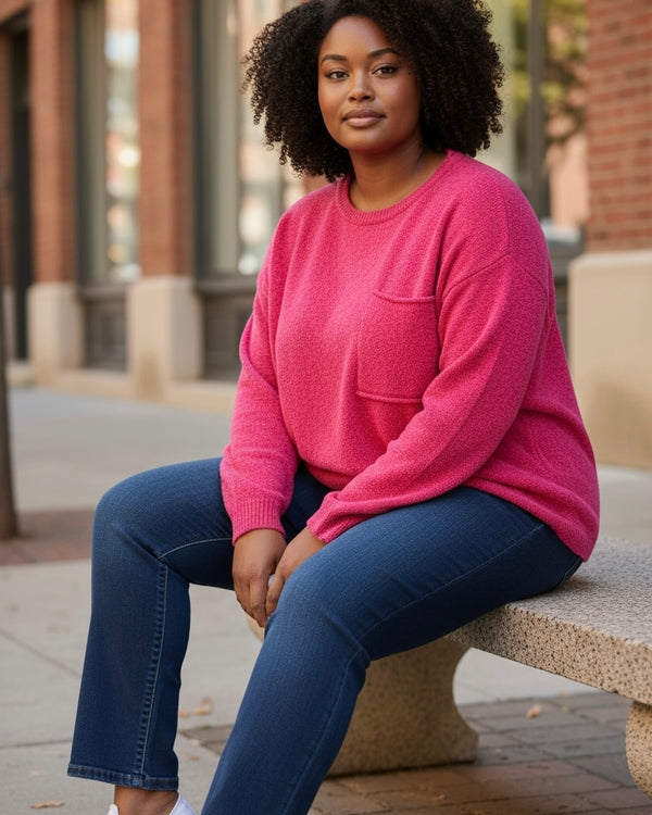 Plus Size Hot Pink Chenille Long Sleeve Sweater Top