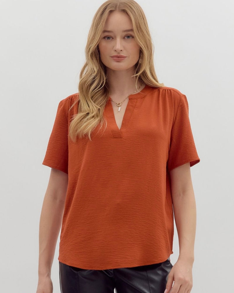 Longhorn Burnt Orange Rust Split Neck Short Sleeve Top