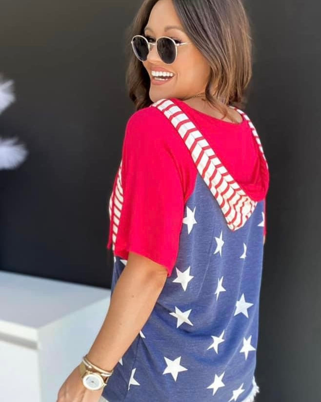 July 4th Patriotic RWB Hoodie T-Shirt Top Red Stripes Stars USA