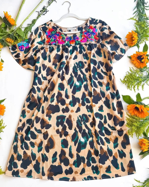 Brown & Black Satin Leopard Short Sleeve Embroidery Dress