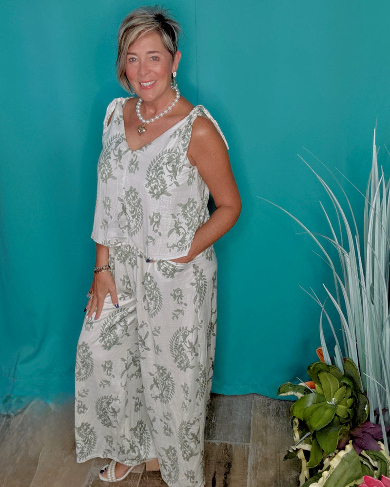 White & Green Wide Leg Sleeveless Jumpsuit