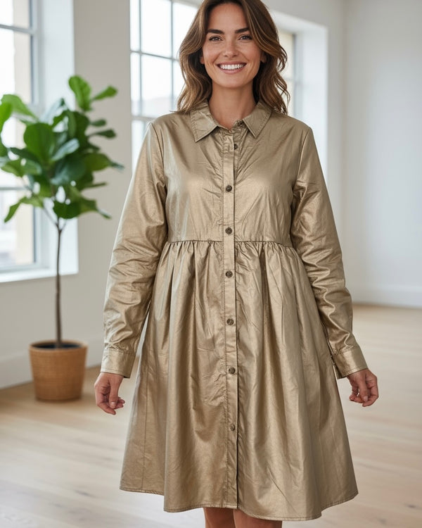 Solid Gold Metallic Pleather Long Sleeve Button Down Dress