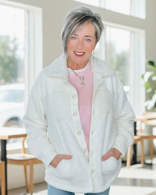 Cream Off White Quilted Sherpa Patchwork Button Up Shacket