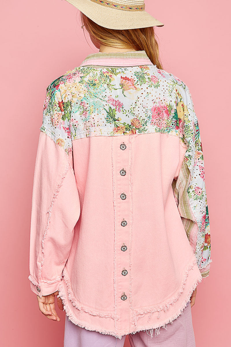 Pink Green Stripe Floral Mix Print Long Sleeve Button Light Denim Jacket