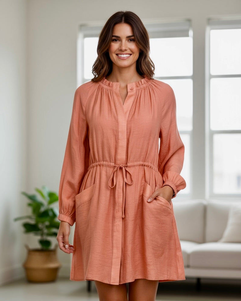 Solid Terra Cotta Drawstring Waist Long Sleeve Dress