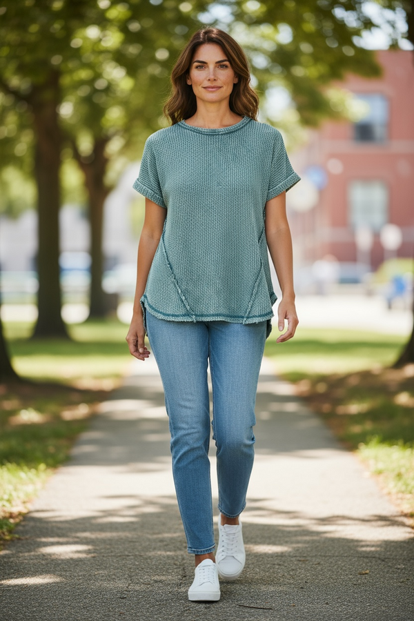 Blue, Green or Pink Mineral Wash Waffle Cotton Short Roll Sleeve Raw Edge Top