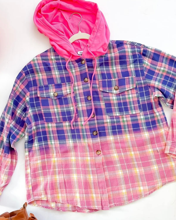 Purple & Pink Plaid Color Block Button Down Flannel Long Sleeve Hoodie Top