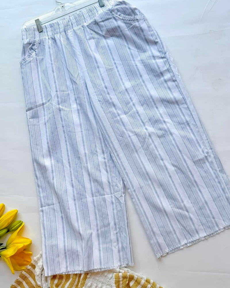 Plus Size Blue & White Striped Wide Leg Ankle Crop Frayed Pants