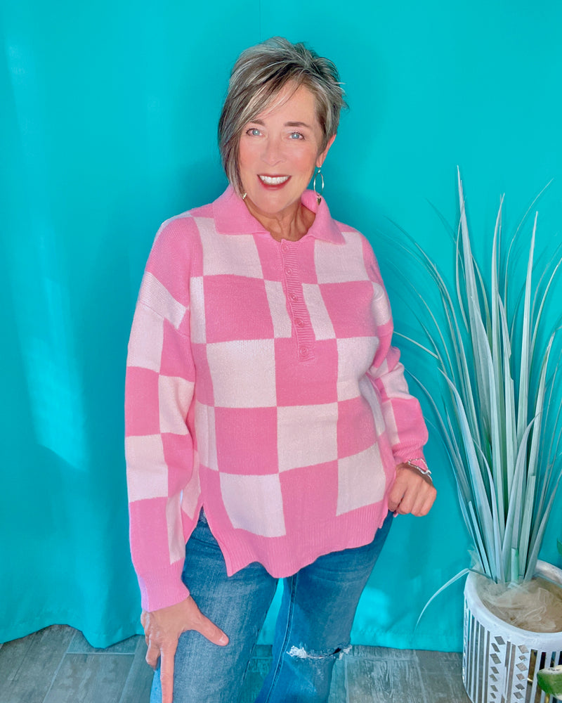 Pink Checkered Drop Shoulder Long Sleeve Sweater