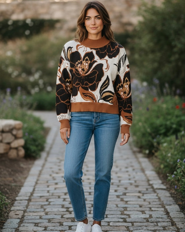 Brown & Black Floral Print Long Sleeve Knit Sweater Top