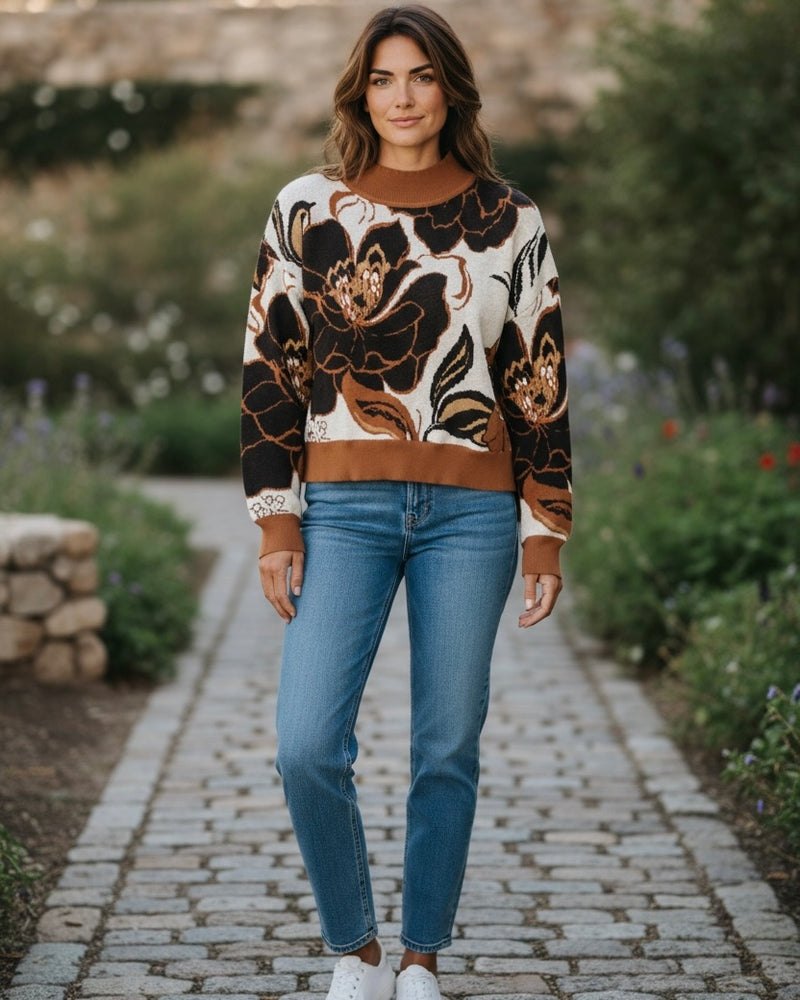 Brown & Black Floral Print Long Sleeve Knit Sweater Top