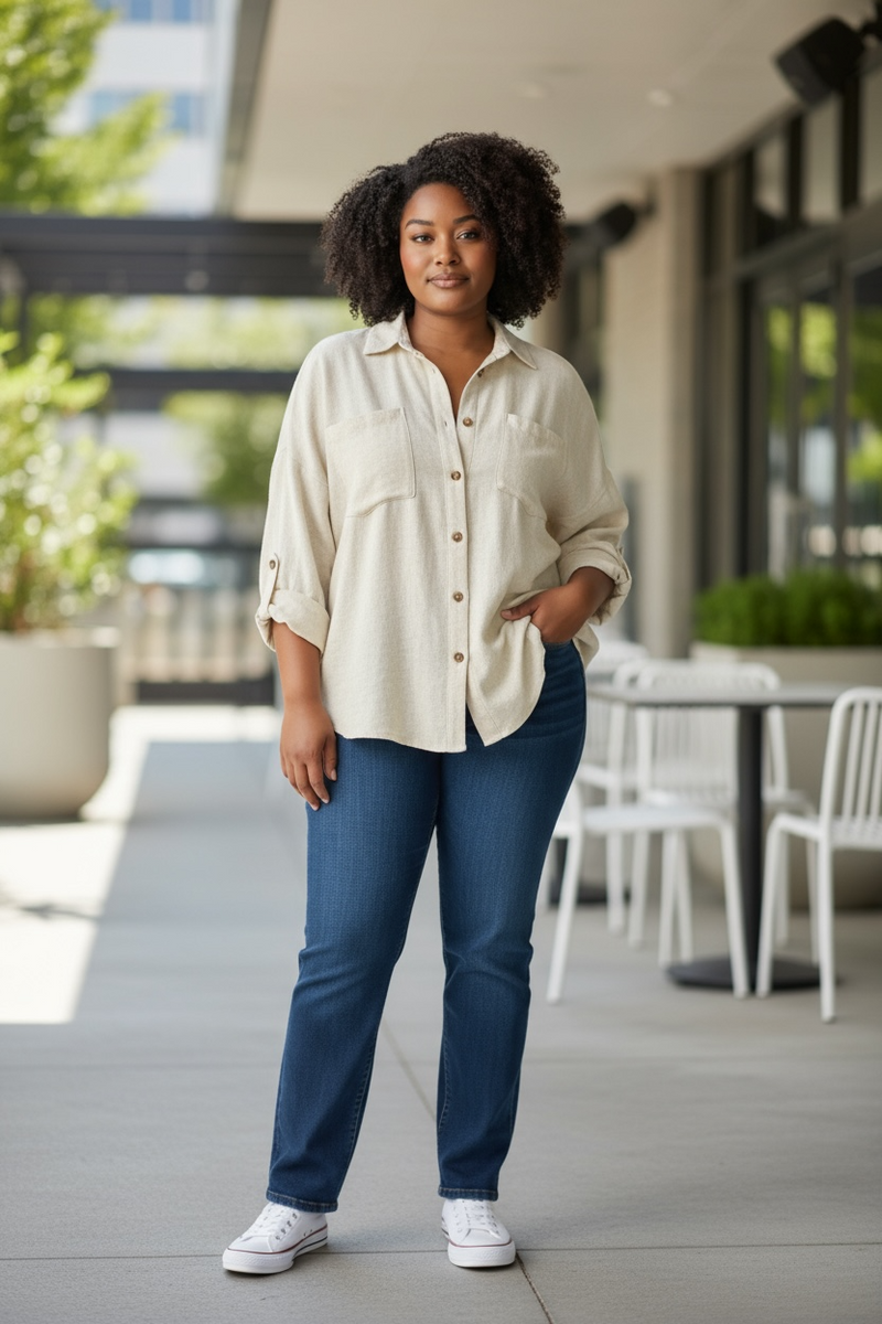 Natural Cream Plus Size Dolman Button Front 3/4 Sleeve Top