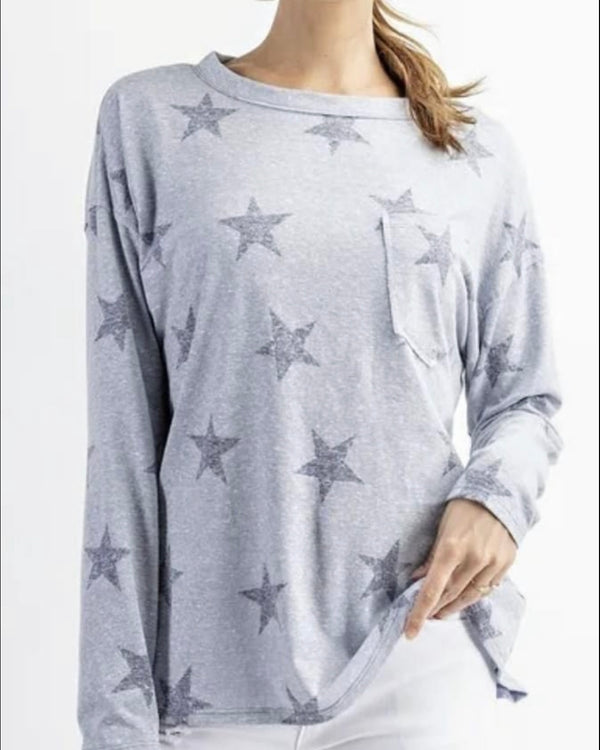 Plus Size Grey Star Print Lightweight Long Sleeve Pullover Tee Top