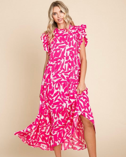 Plus Size Pink & White or Blue & White Graphic Print Tier Layer Midi Dress