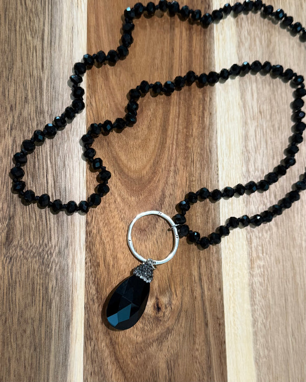 Long Black Beaded Necklace with Black Teardrop Rhinestone Crystal  Pendant