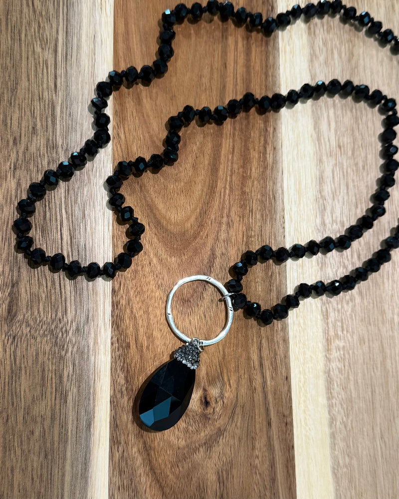 Long Black Beaded Necklace with Black Teardrop Rhinestone Crystal  Pendant