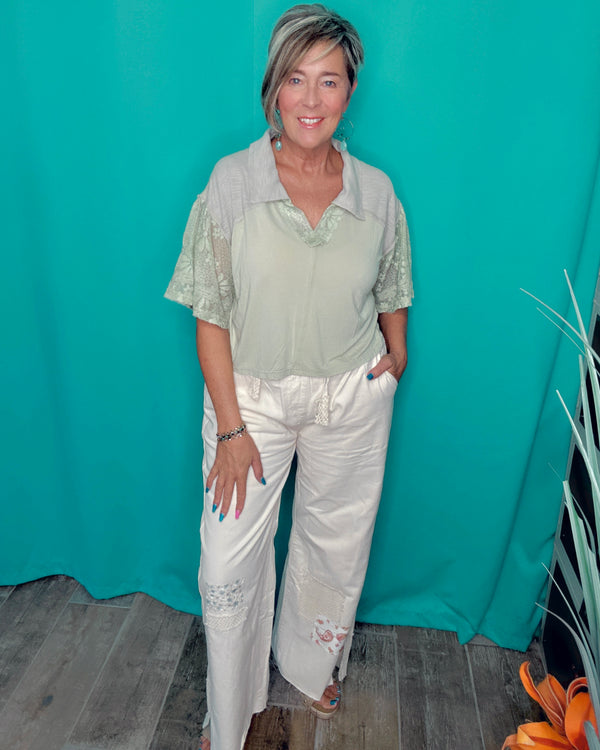 Pistachio Sage Green Ruffle Half Sleeve VNeck Collar Lace Crochet Mix Top
