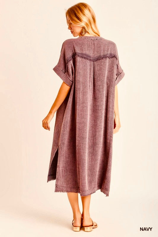 Plus Size Camel Brown Short Cap. Sleeve Open VNeck Gauze Fray Hem Midi Dress