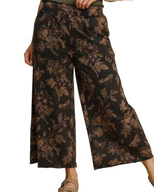 Plus Size Casual Black or Blue w/Brown Floral Design Wide Leg Lounge Cargo Pants with Pockets