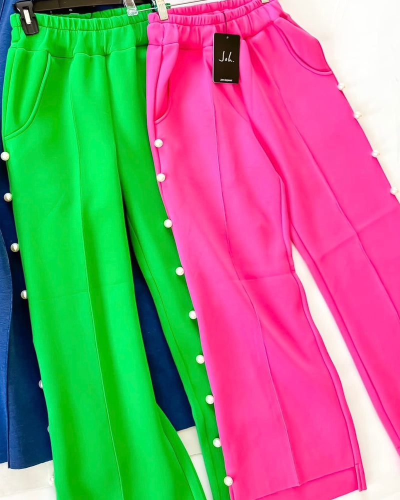 2 pc Bright Apple Green, Bright or Light Pink Pearl Embellished Luxury Lounge Pant Set