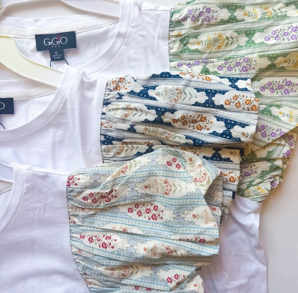 Solid White Contrasting Pleat Floral Print Short Sleeves