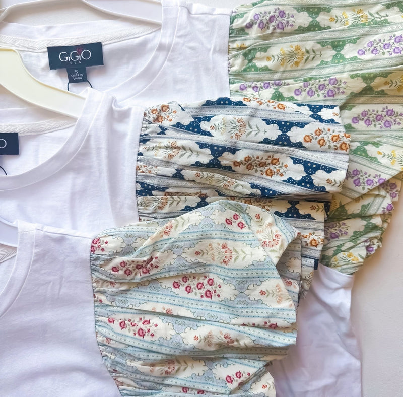 Solid White Contrasting Pleat Floral Print Short Sleeves
