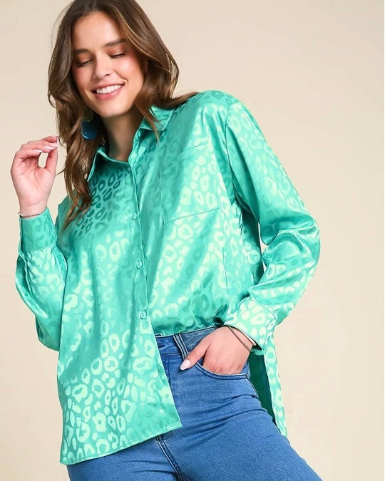 Turquoise Emerlad Green Animal Jacquard Leopard Print Long Sleeve Button Down Satin Like Blouse