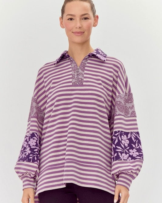 Purple or Green Striped Floral Contrast Texture Block Long Sleeve Zip Neck Collar Top