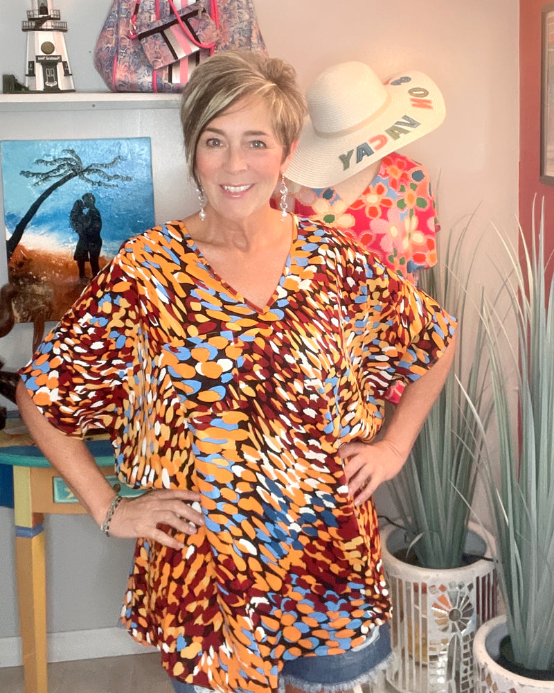 Fall Color Boxy Style Top in Orange, Red & Blue Multicolors