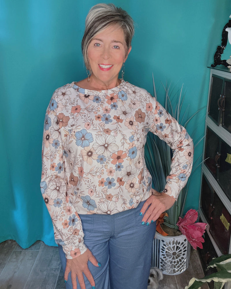 Neutral Tan Brown & Blue Floral Long Sleeve Pullover Top