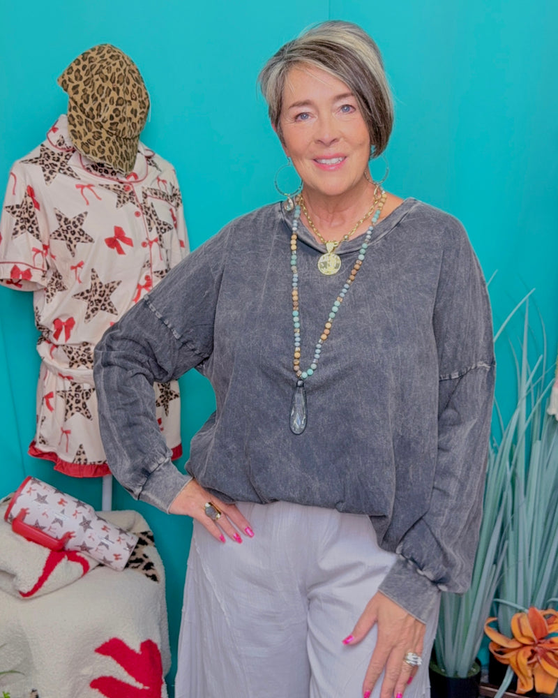 Charcoal Grey Mineral Wash Long Sleeve Top